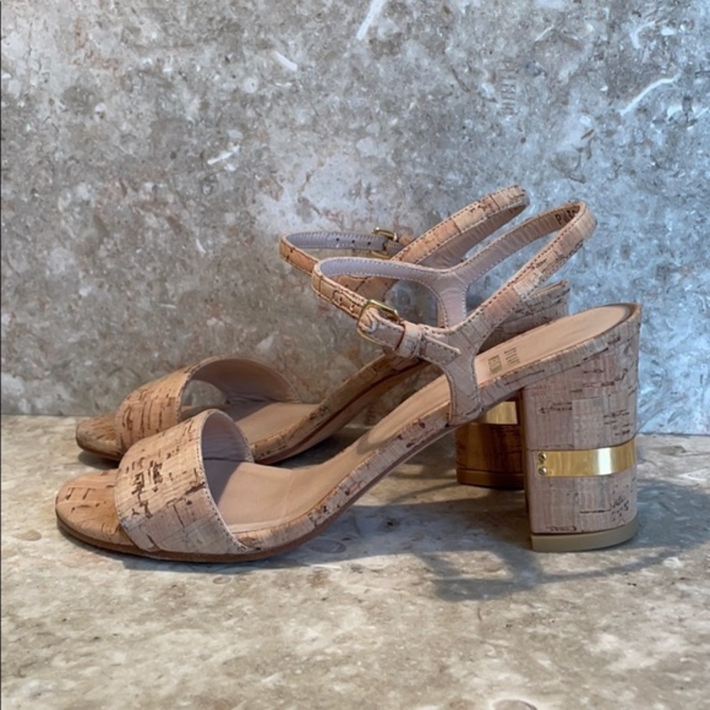 Stuart Weitzman cork sandals with gold detail on heel